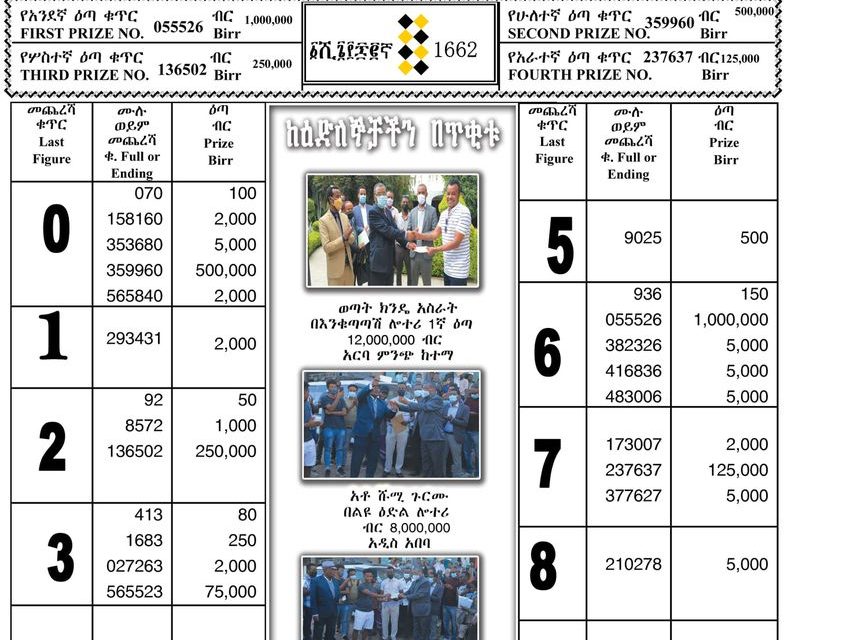 Regular Draw Lottery for August 05, 2021 (ሀምሌ 29 ፤ 2013) Winning Numbers
