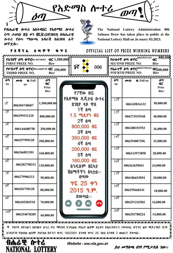 Admas Digital Lottery 006 for Jan 3, 2023 (ታህሳስ 25፤2015) Winning Numbers |  AddisBiz.com