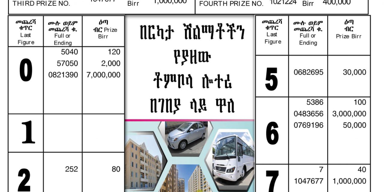 Liyu Lottery (5 million) for May 24, 2021 (ግንቦት 16 ፤ 2013) Winning Numbers