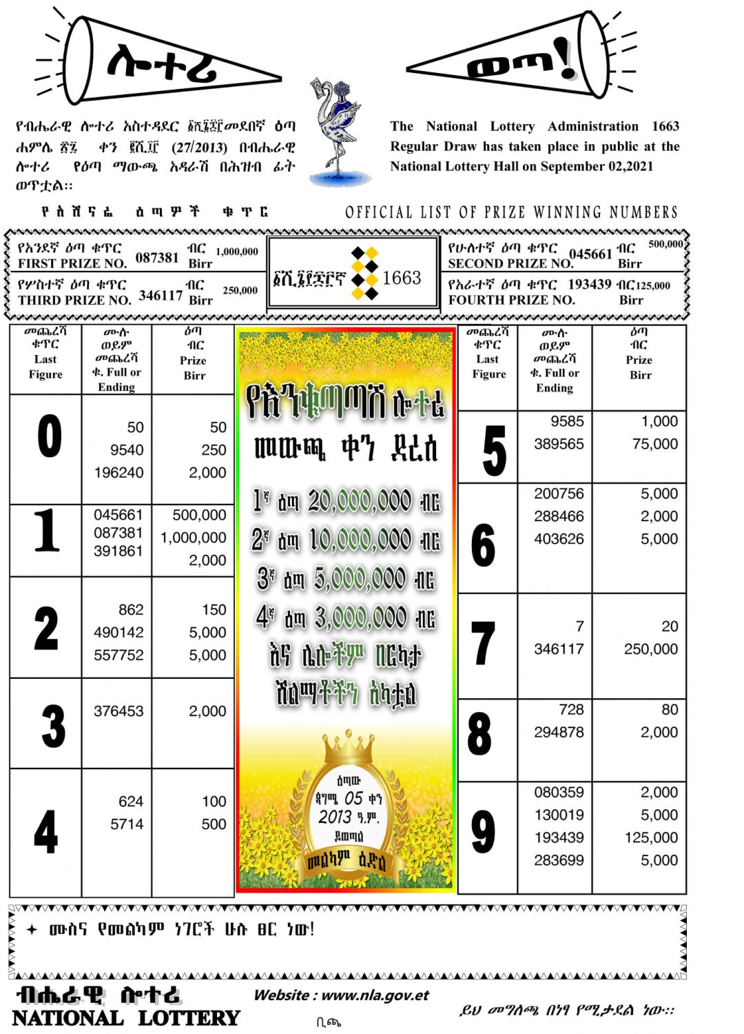 Regular Draw Lottery for September 02, 2021 (ነሀሴ 27 ፤ 2013) Winning