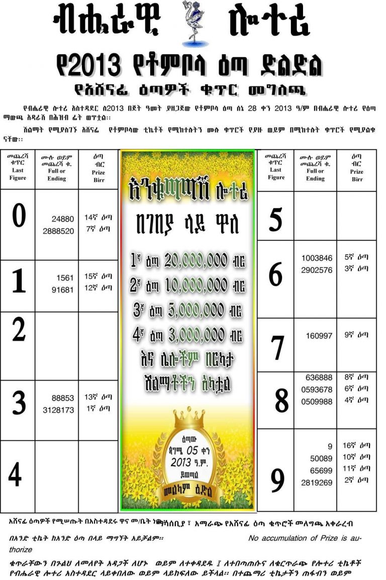 Tombola Lottery for June 05, 2021 (ሰኔ 28 ፤ 2013) Winning Numbers